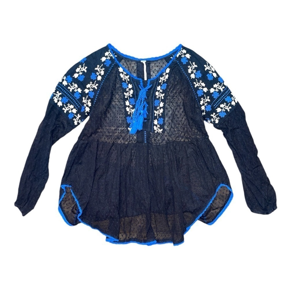 Free People transparent black blue embroidered tassel blouse women’s size XS